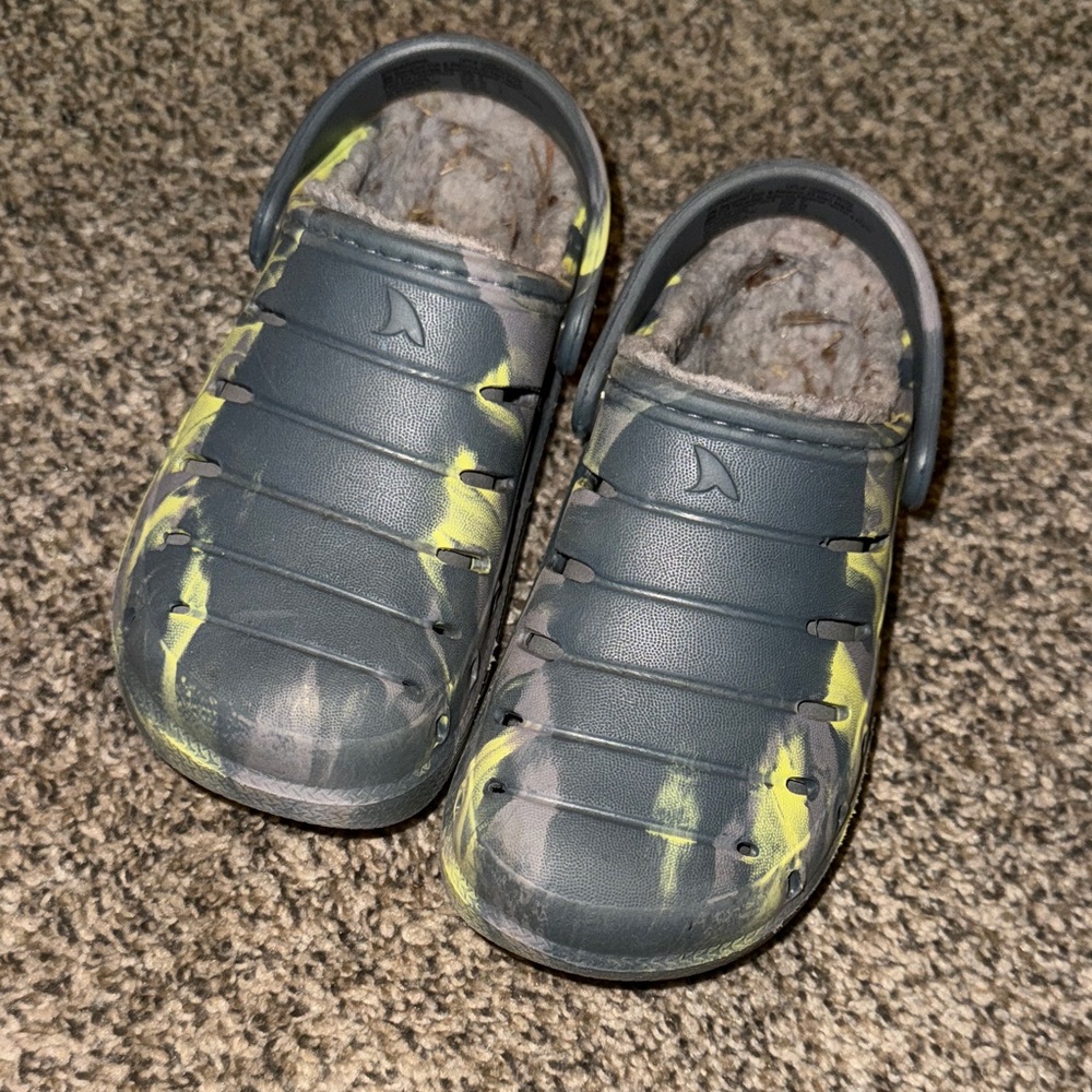 Kids Gray and Yellow Slip-On Clog with Fleece Lining